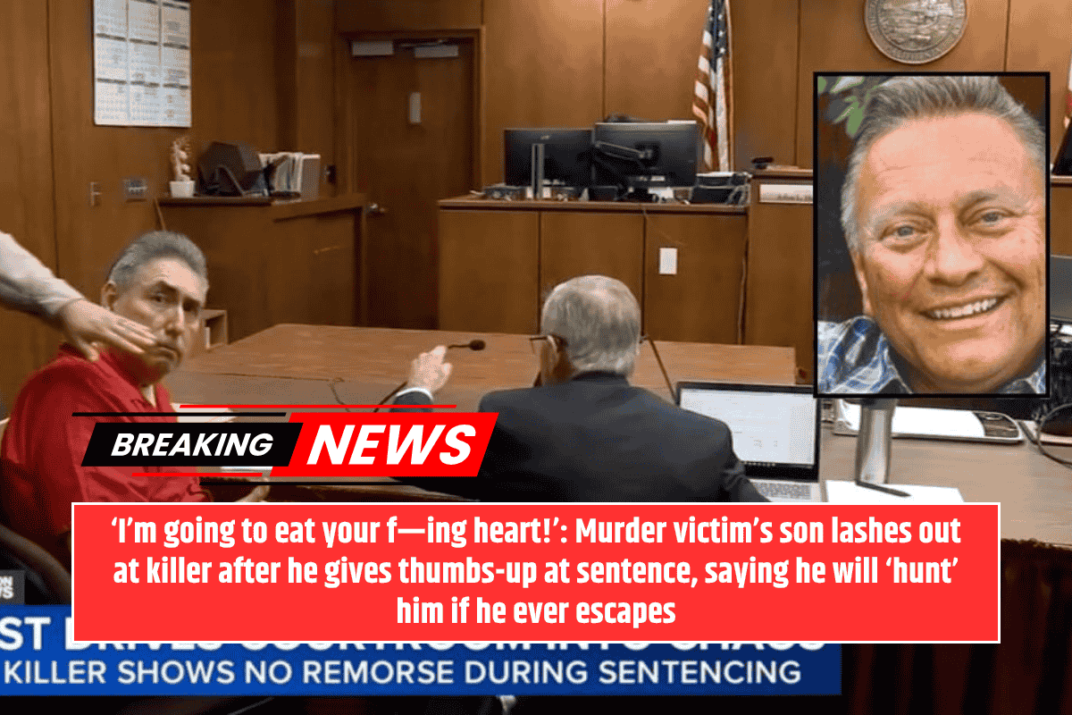 ‘I’m going to eat your f—ing heart!’: Murder victim’s son lashes out at killer after he gives thumbs-up at sentence, saying he will ‘hunt’ him if he ever escapes